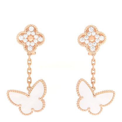 Van Cleef & Arpels 18K Rose Gold Diamond Mother of Pearl Lucky Alhambra 2 Motifs Butterfly Earrings 1 of 5