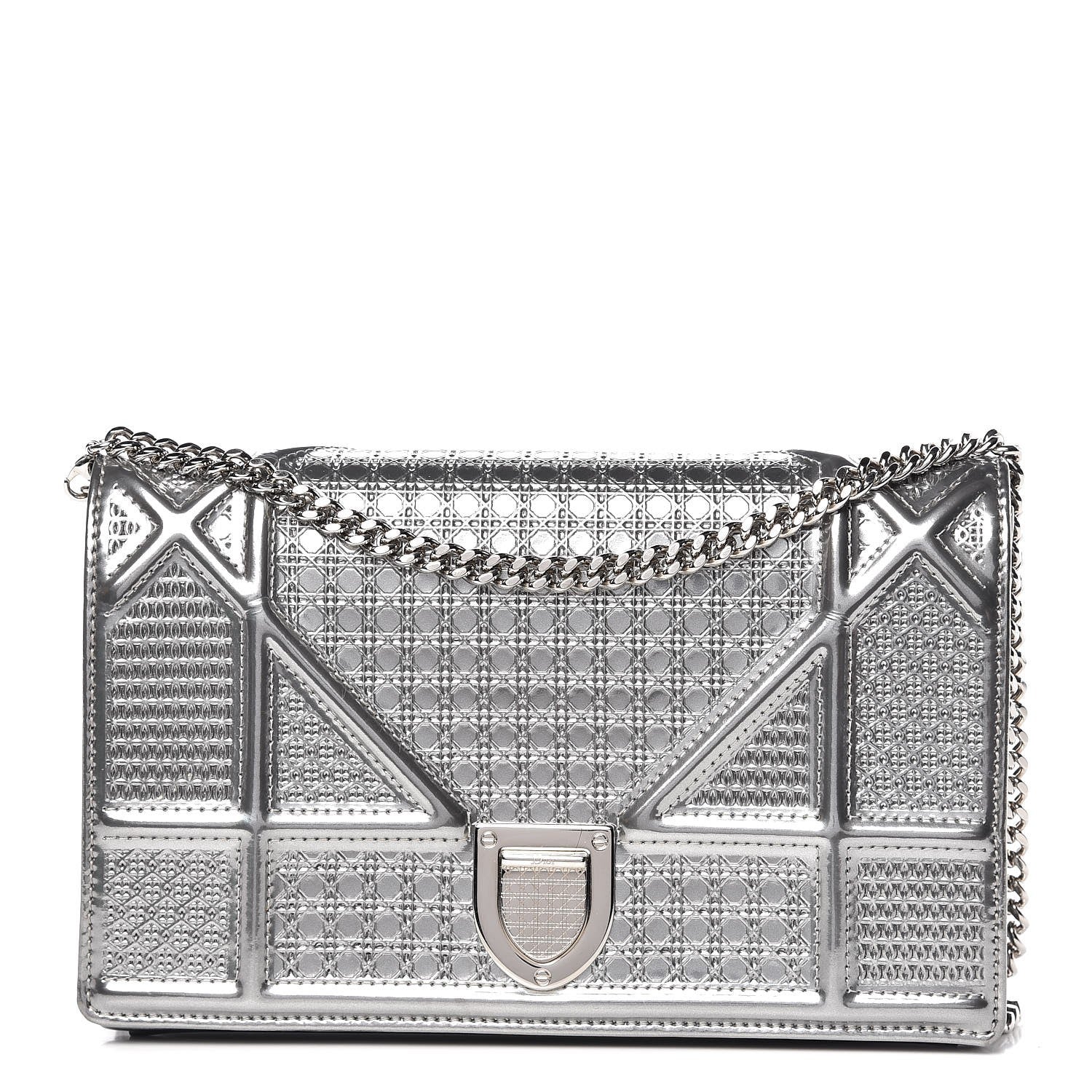 Christian Dior Metallic Patent Micro-Cannage Diorama Wallet on Chain Pouch Silver 1 of 8