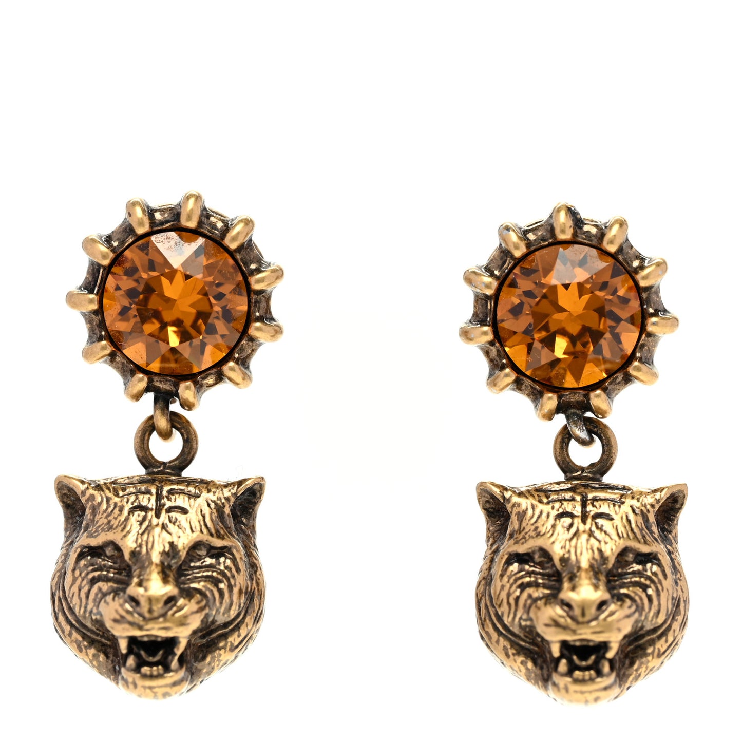 Metal Crystal Feline Earrings Aged Gold