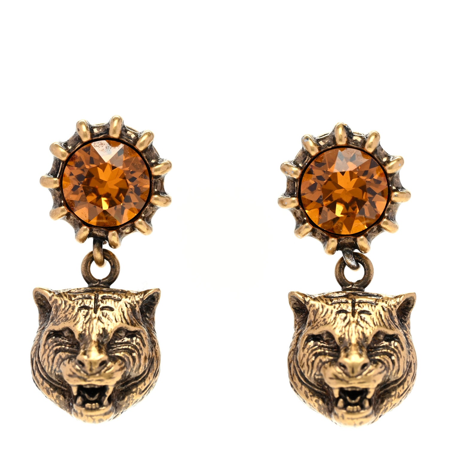 Gucci Metal Crystal Feline Earrings Aged Gold 1 of 4