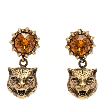 Gucci Metal Crystal Feline Earrings Aged Gold 1 of 4