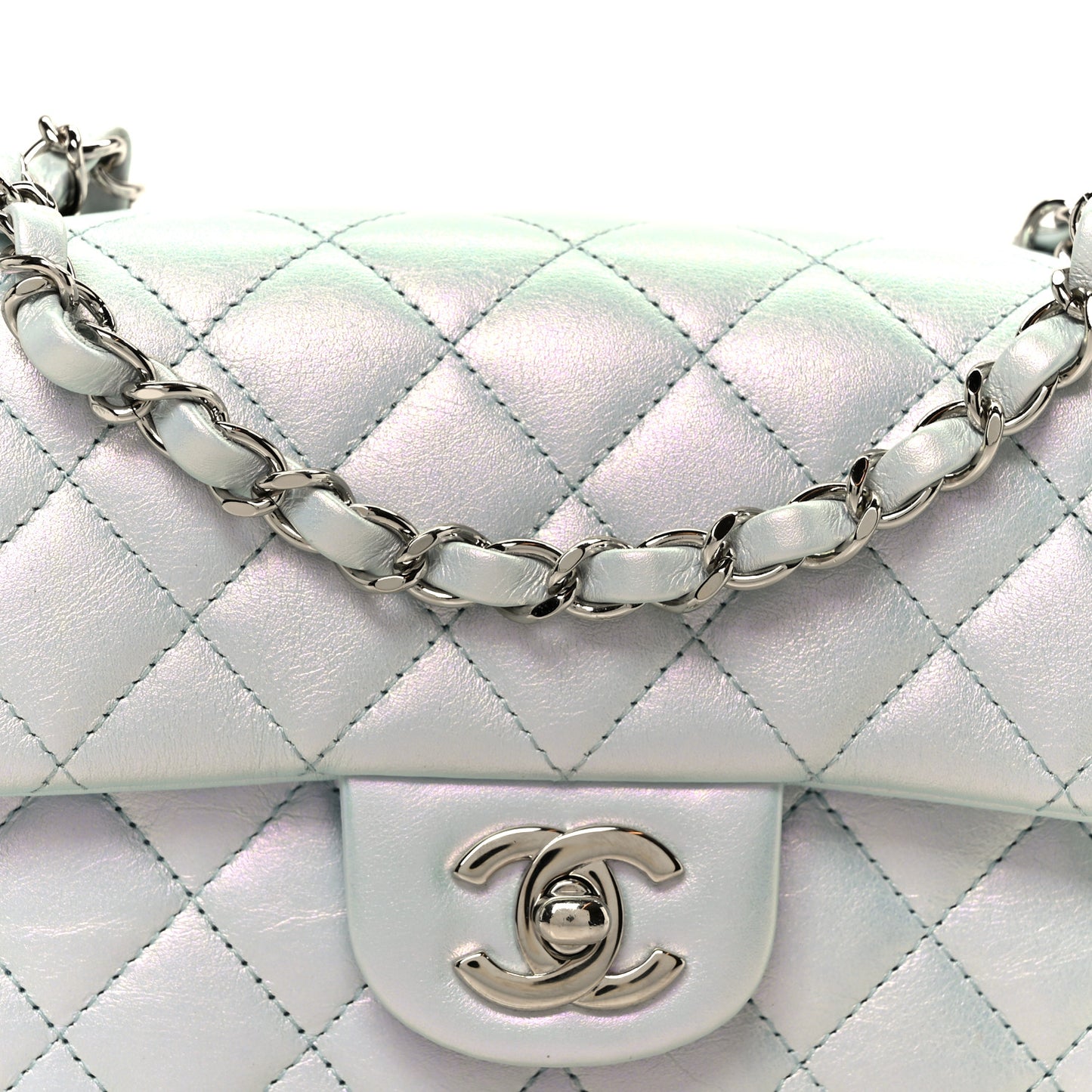 Iridescent Calfskin Quilted Mini Rectangular Flap Light Blue