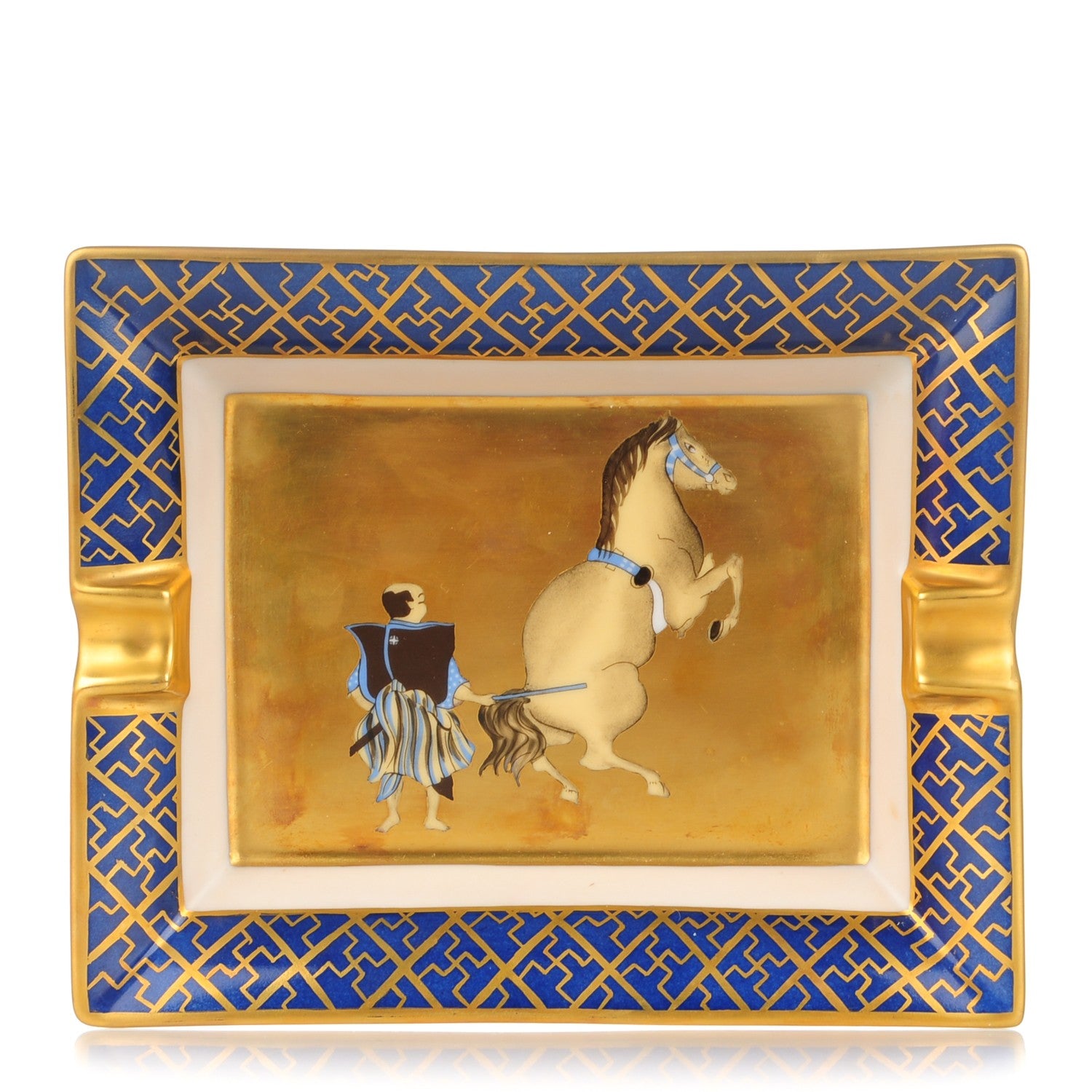 Hermes Printed Porcelain Equitation Japonaise Cigar Ashtray Bleu Gold 1 of 7