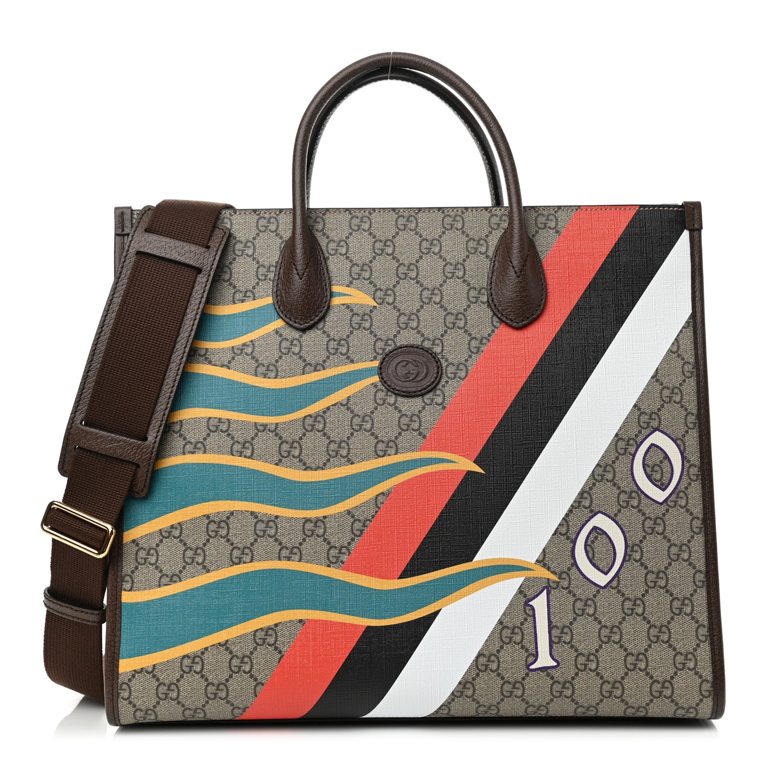 Gucci GG Supreme Monogram Textured Dollar Calfskin Equestrian Medium Retro Interlocking G Tote Bag Beige Ebony Multicolor New Acero 1 of 8