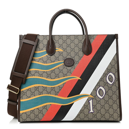Gucci GG Supreme Monogram Textured Dollar Calfskin Equestrian Medium Retro Interlocking G Tote Bag Beige Ebony Multicolor New Acero 1 of 8