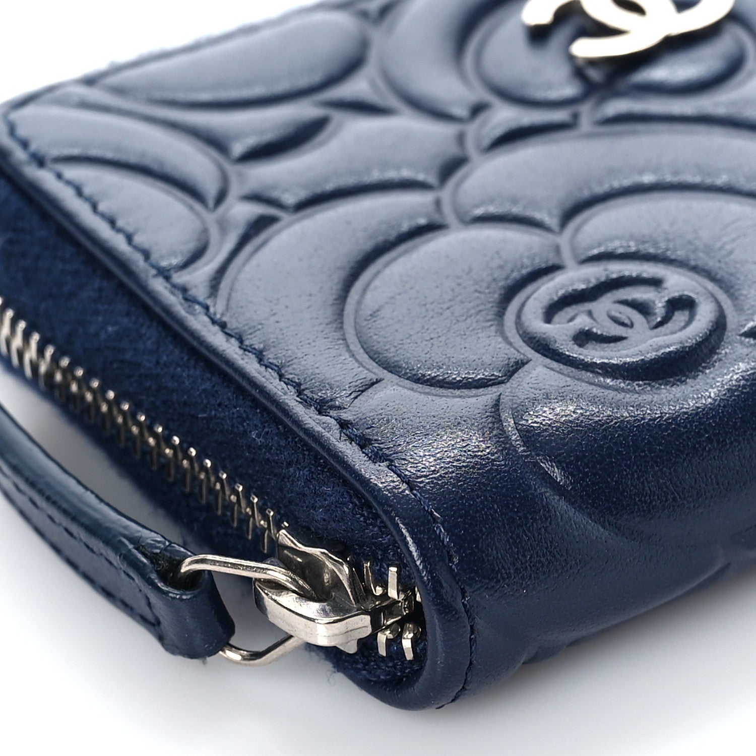 Chanel Lambskin Camellia Embossed Zip Coin Purse Navy 8 of 12