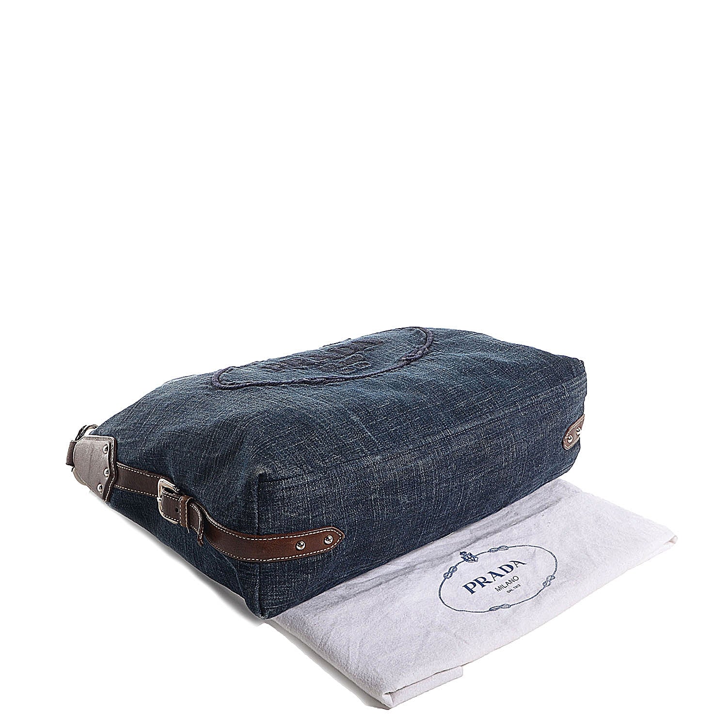 Prada Washed Denim Logo Hobo Blue 4 of 8