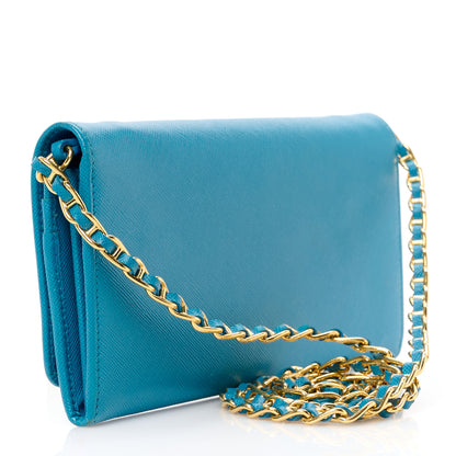 Prada Saffiano Metal Oro Chain Wallet Celeste 4 of 12