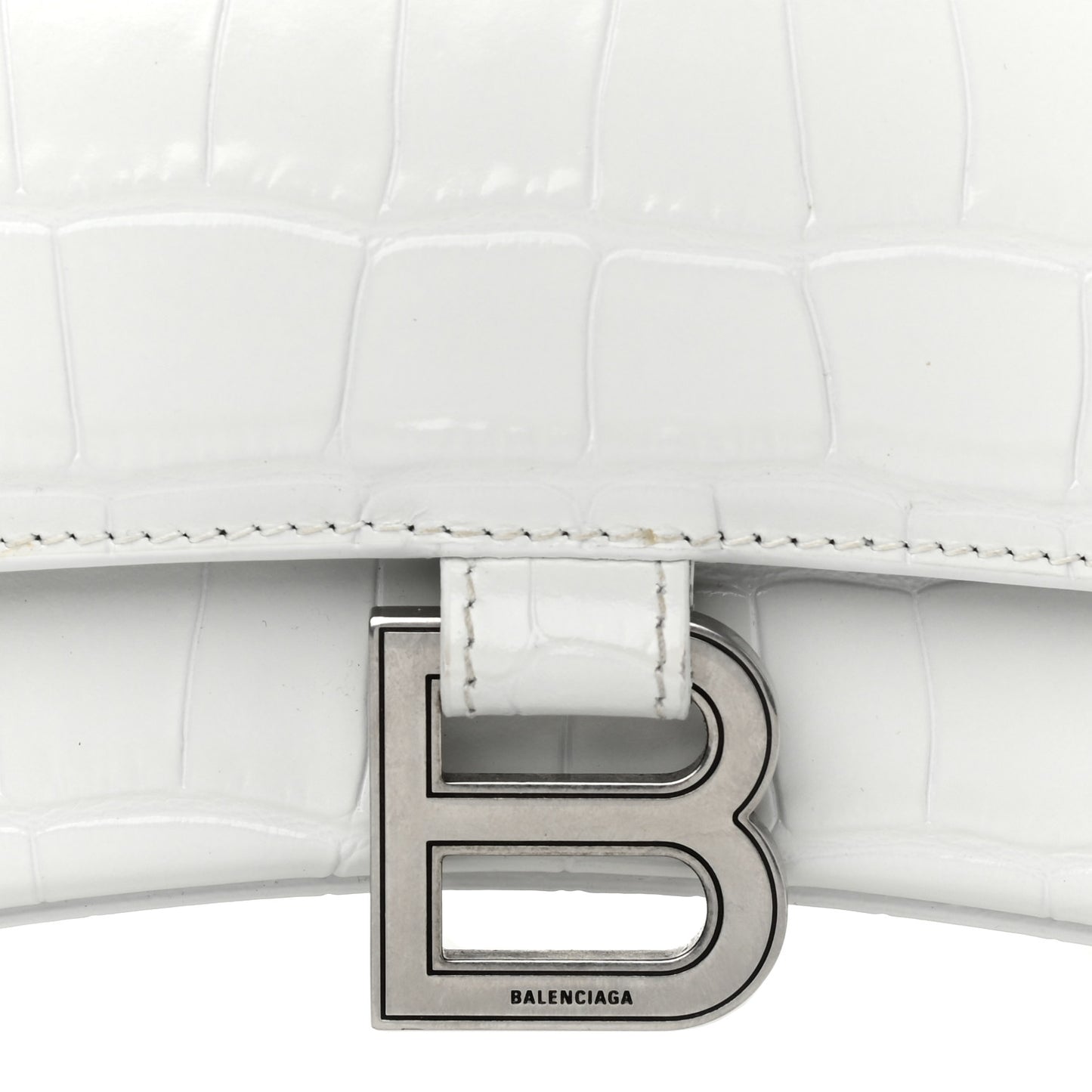 Calfskin Crocodile Embossed Small Hourglass Top Handle Bag White