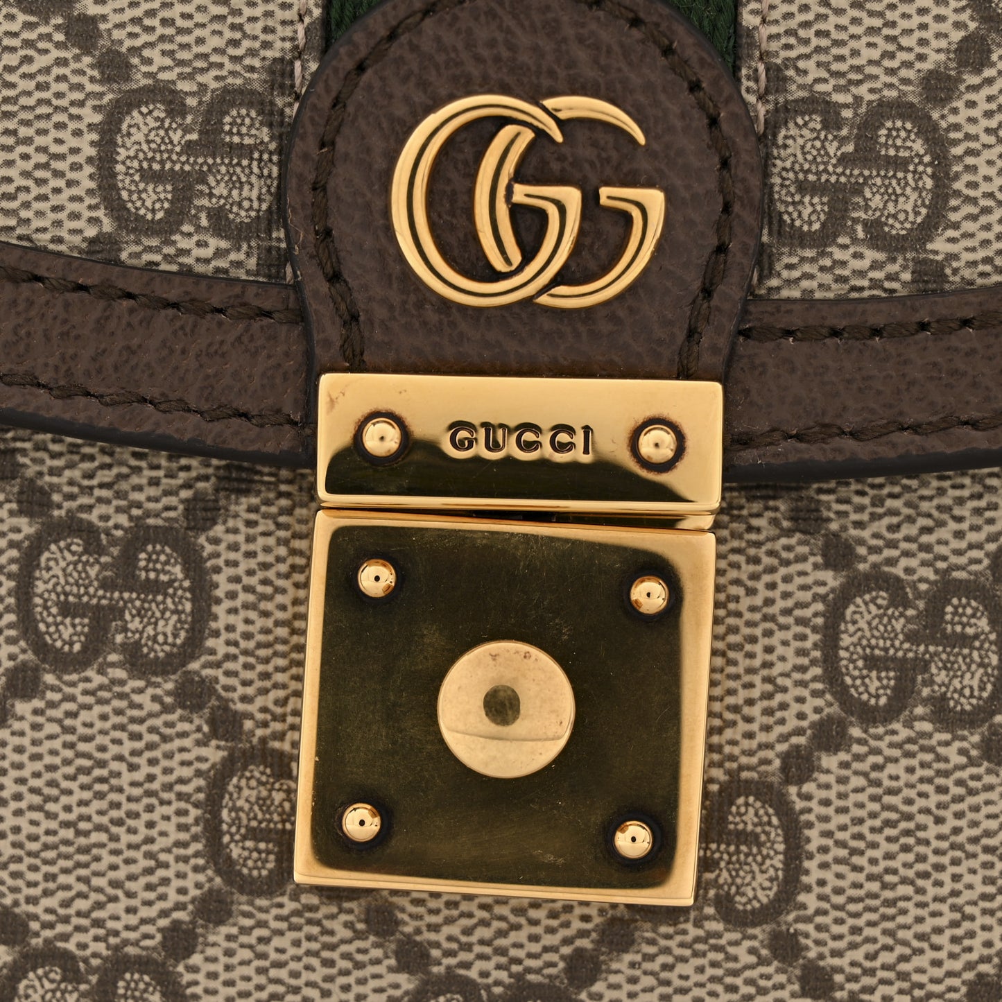 GG Supreme Monogram Textured Dollar Calfskin Web Small Ophidia Padlock Top Handle Bag Beige Ebony New Acero