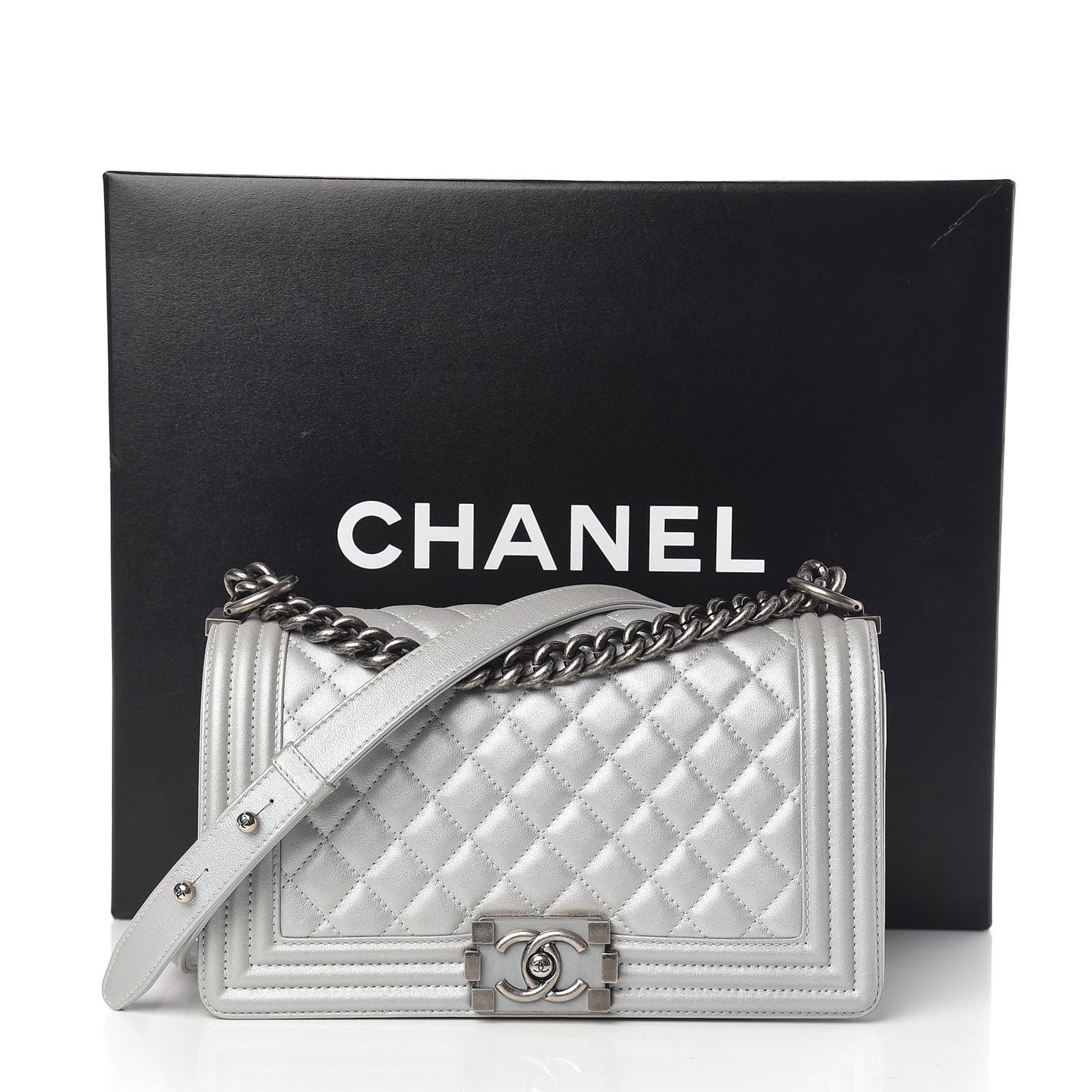 Metallic Calfskin Quilted Medium Boy Flap Silver