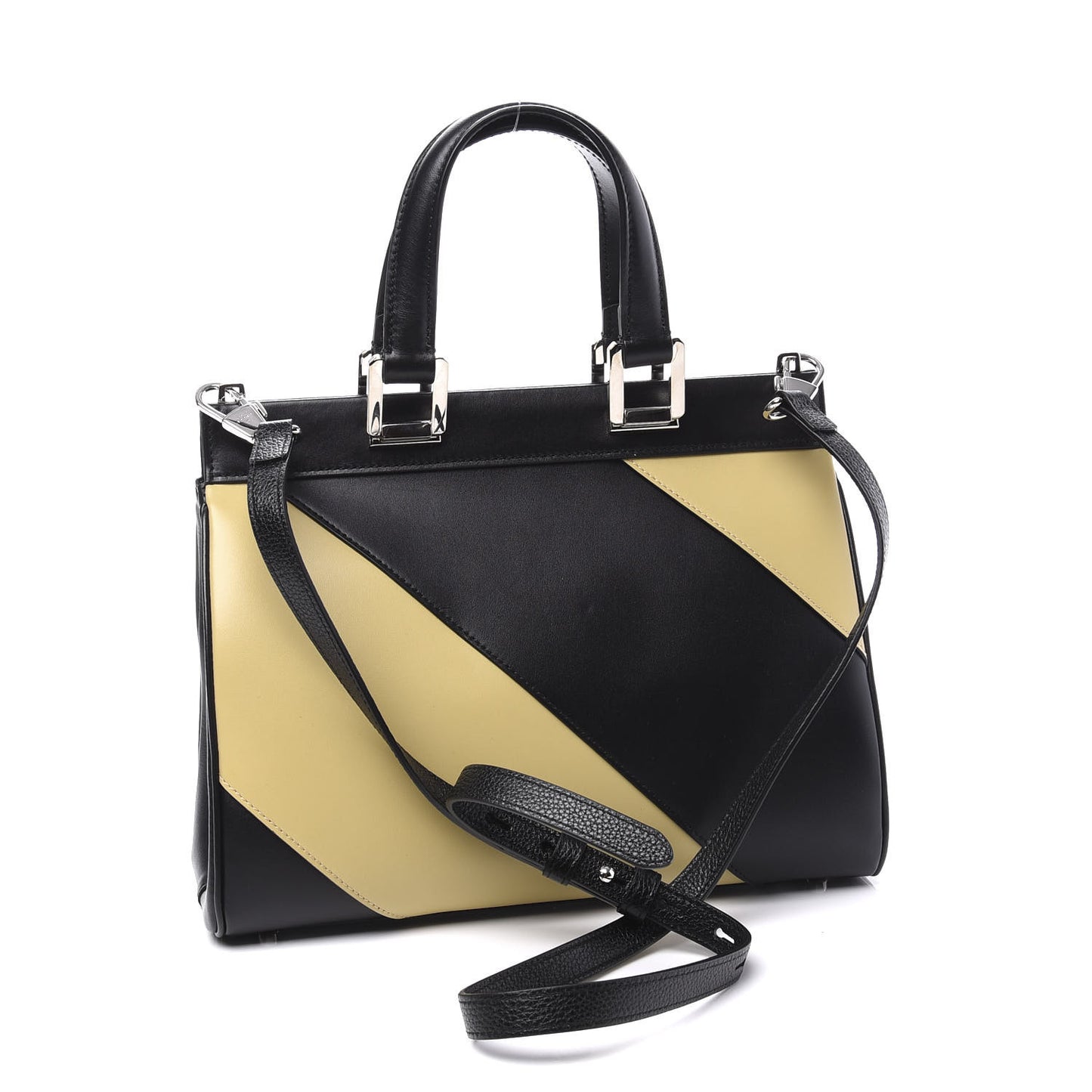 Smooth Calfskin Diagonal Striped Small Zumi Top Handle Bag Black Beige