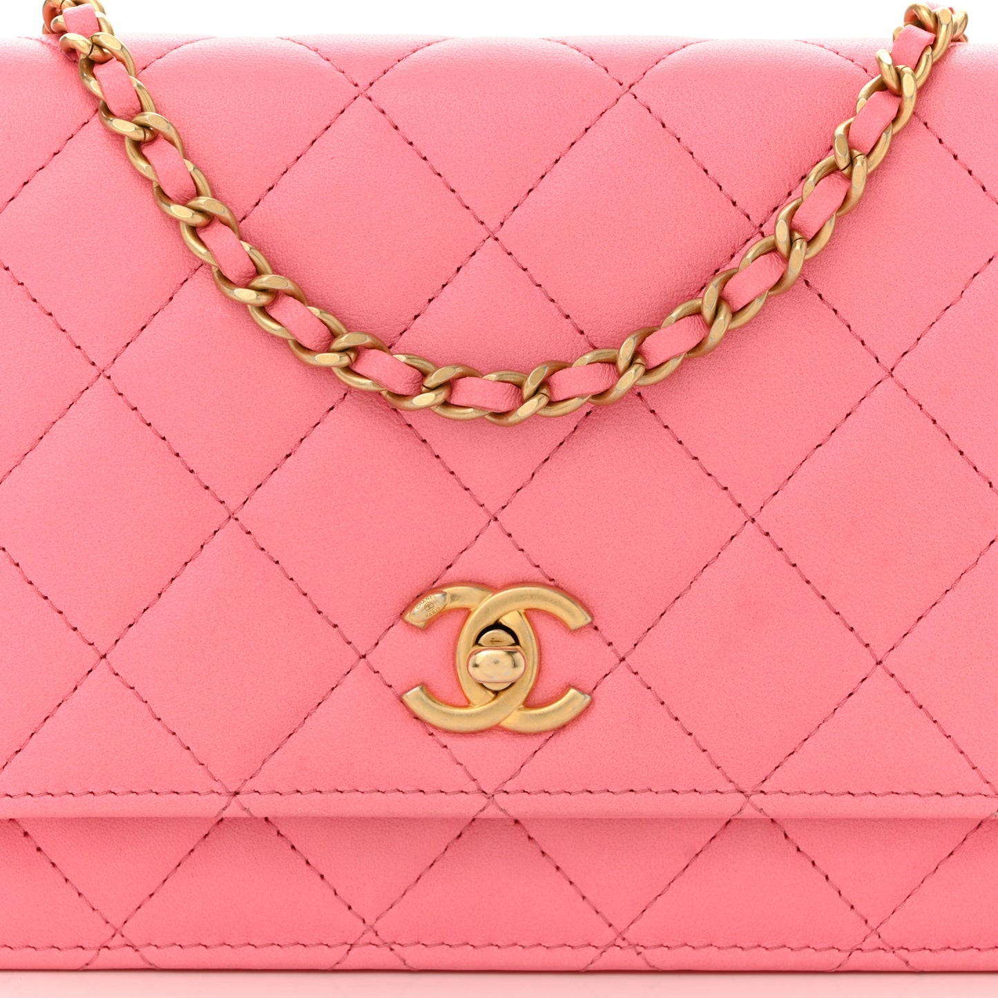 Lambskin Quilted CC Pearl Crush Wallet on Chain WOC Pink