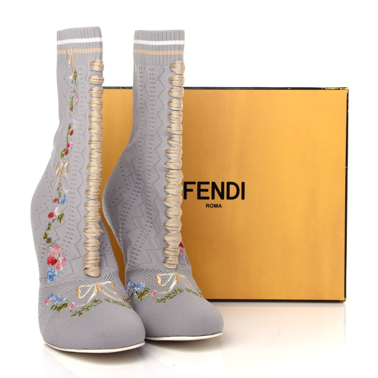 Fendi Stretch Fabric Floral Embroidered Openwork Rockoko 105mm Sock Boots 40 Gray 11 of 11