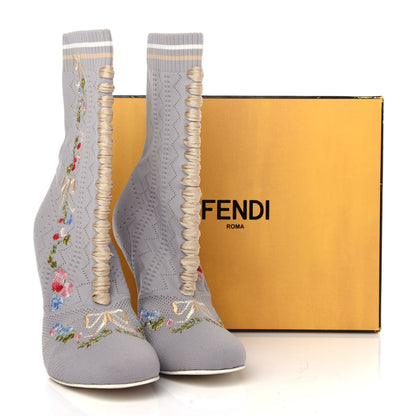 Fendi Stretch Fabric Floral Embroidered Openwork Rockoko 105mm Sock Boots 40 Gray 11 of 11