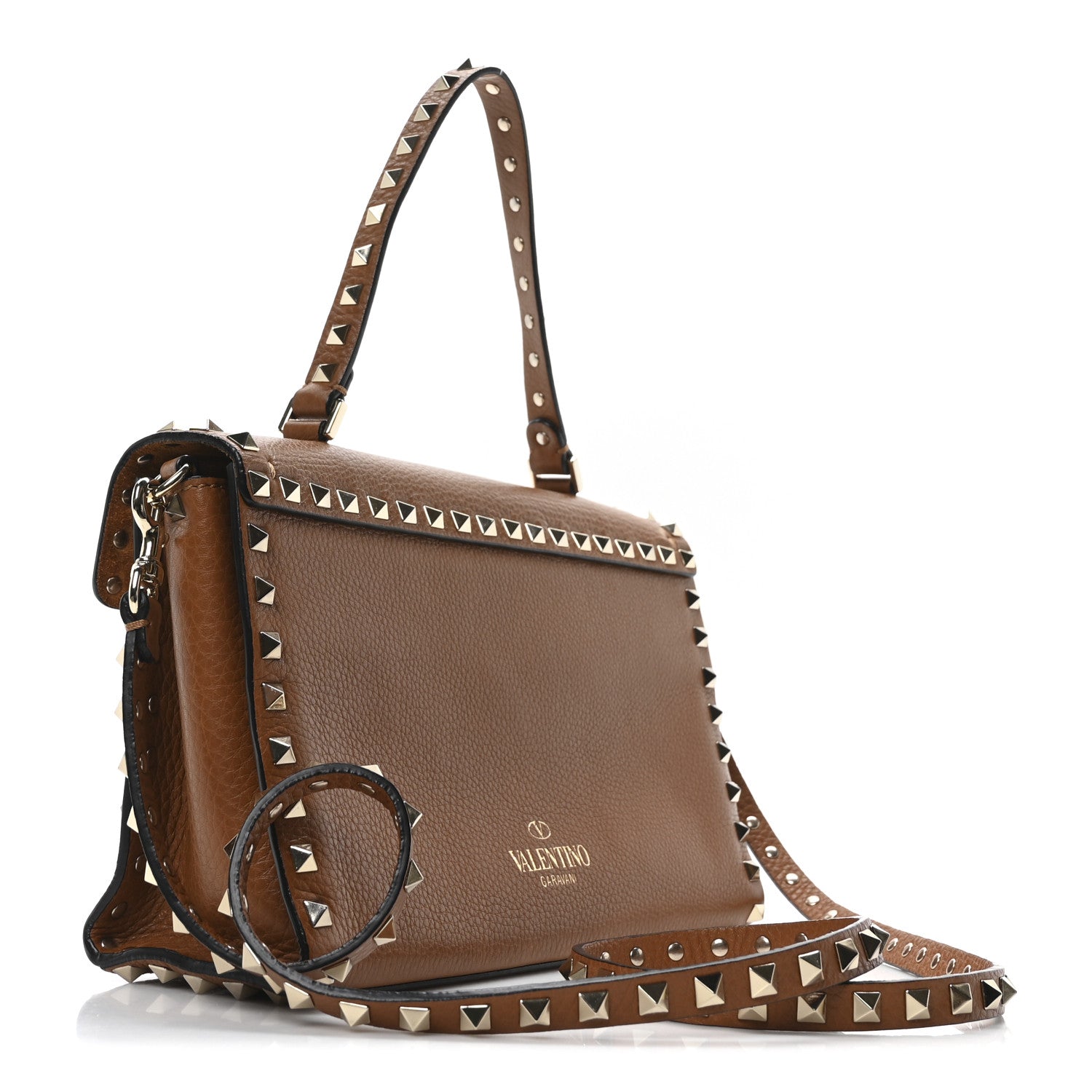 Valentino Garavani Pebbled Calfskin Medium Rockstud Top Handle Shoulder Bag Cognac 3 of 9