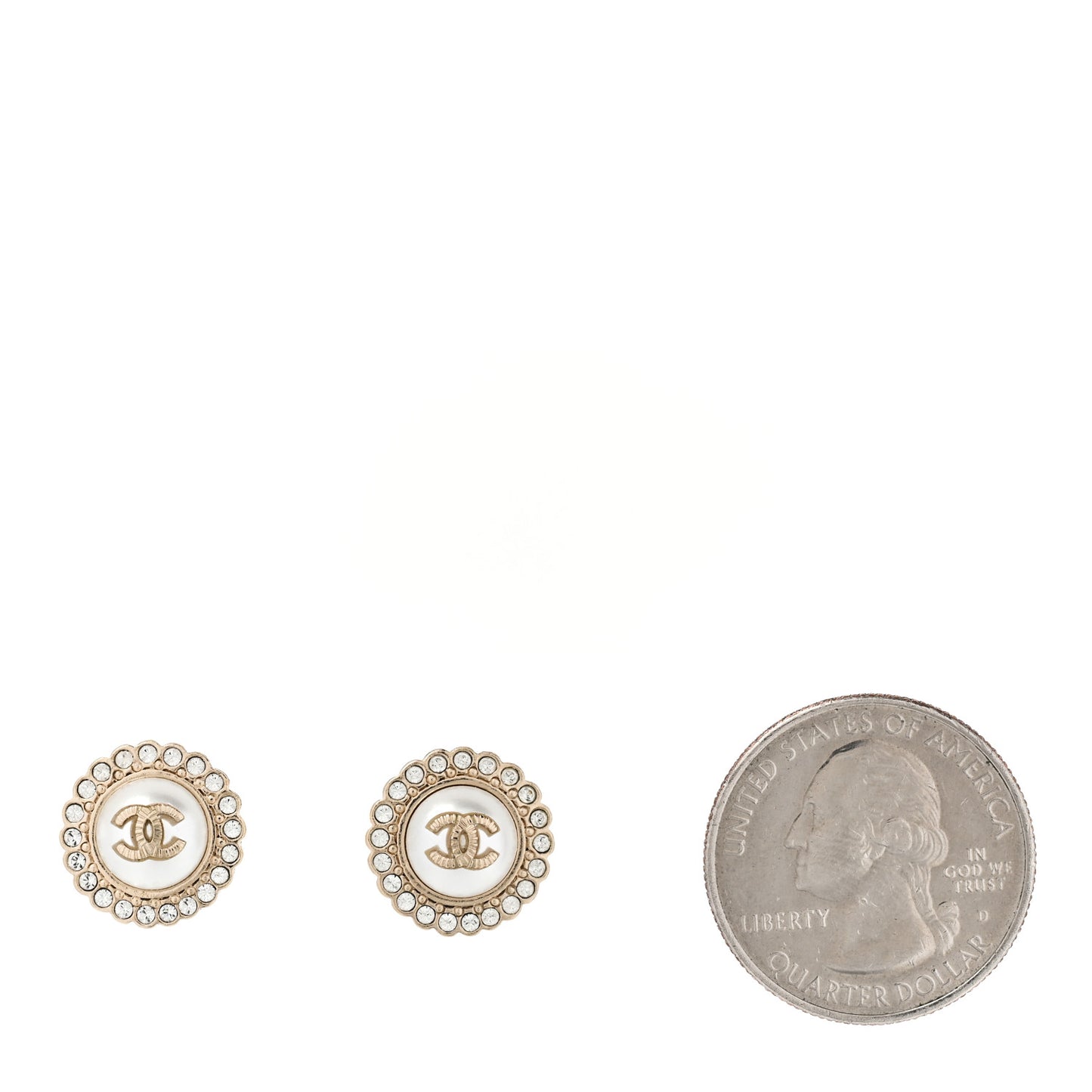 Metal Pearl Crystal CC Round Earrings Light Gold