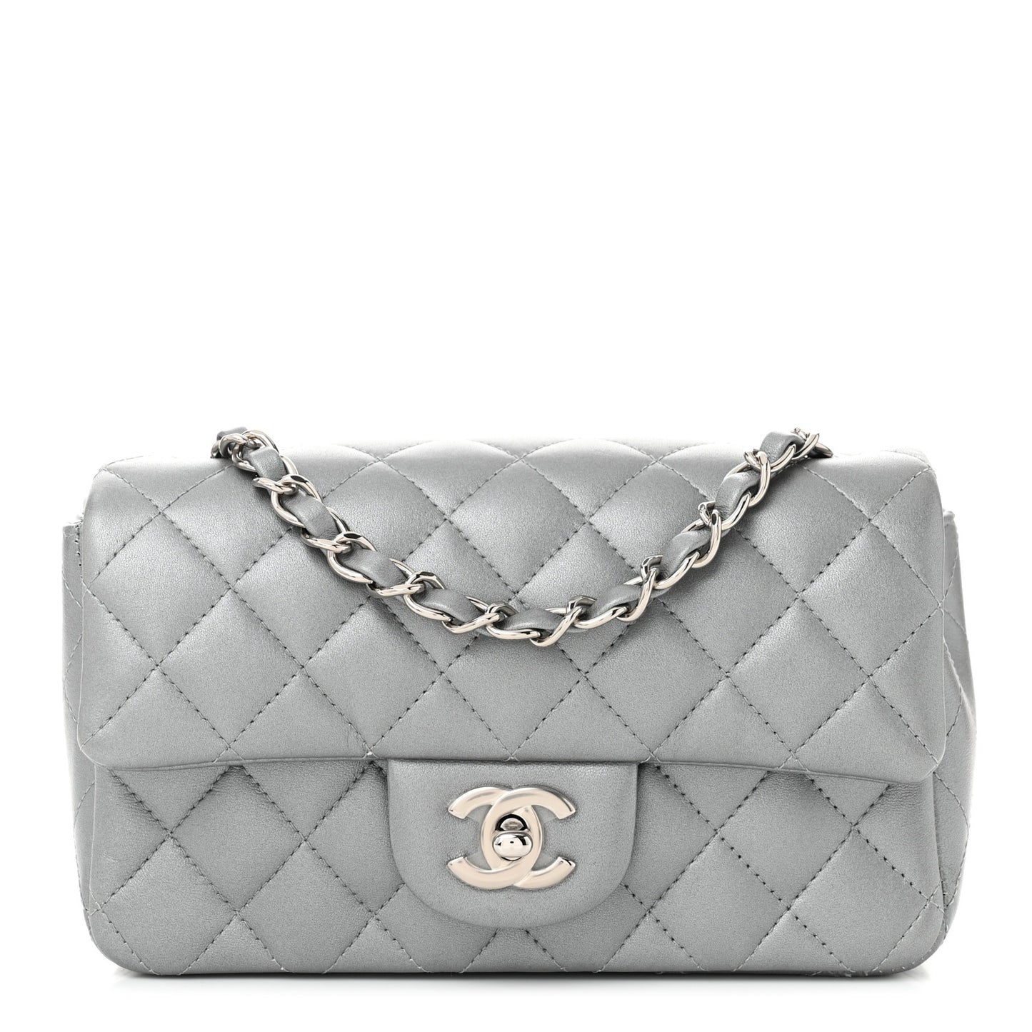 Metallic Lambskin Quilted Mini Rectangular Flap Silver