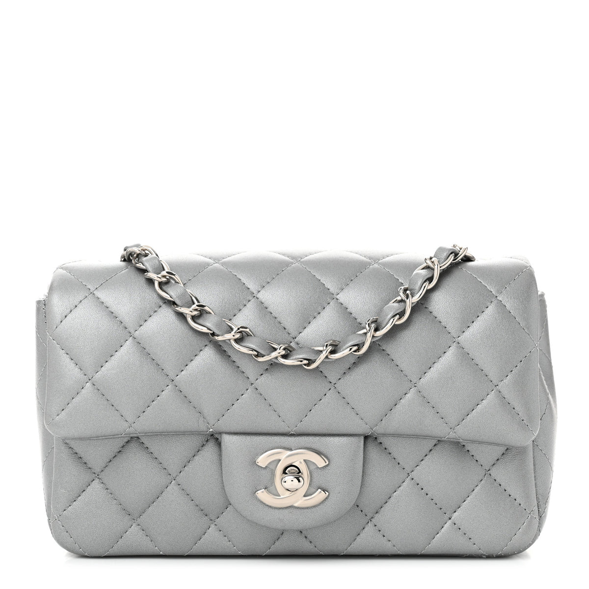 Metallic Lambskin Quilted Mini Rectangular Flap Silver