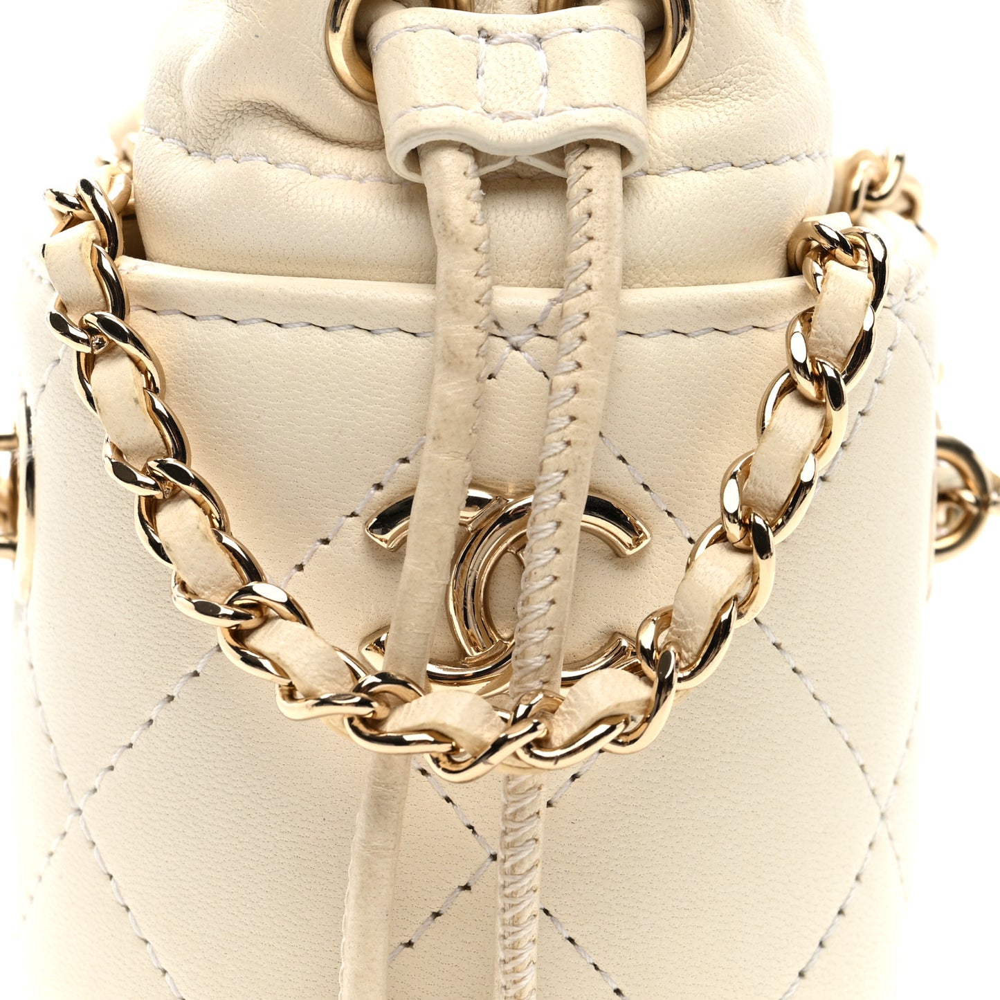 Lambskin Quilted Mini Bucket Bag With Chain White