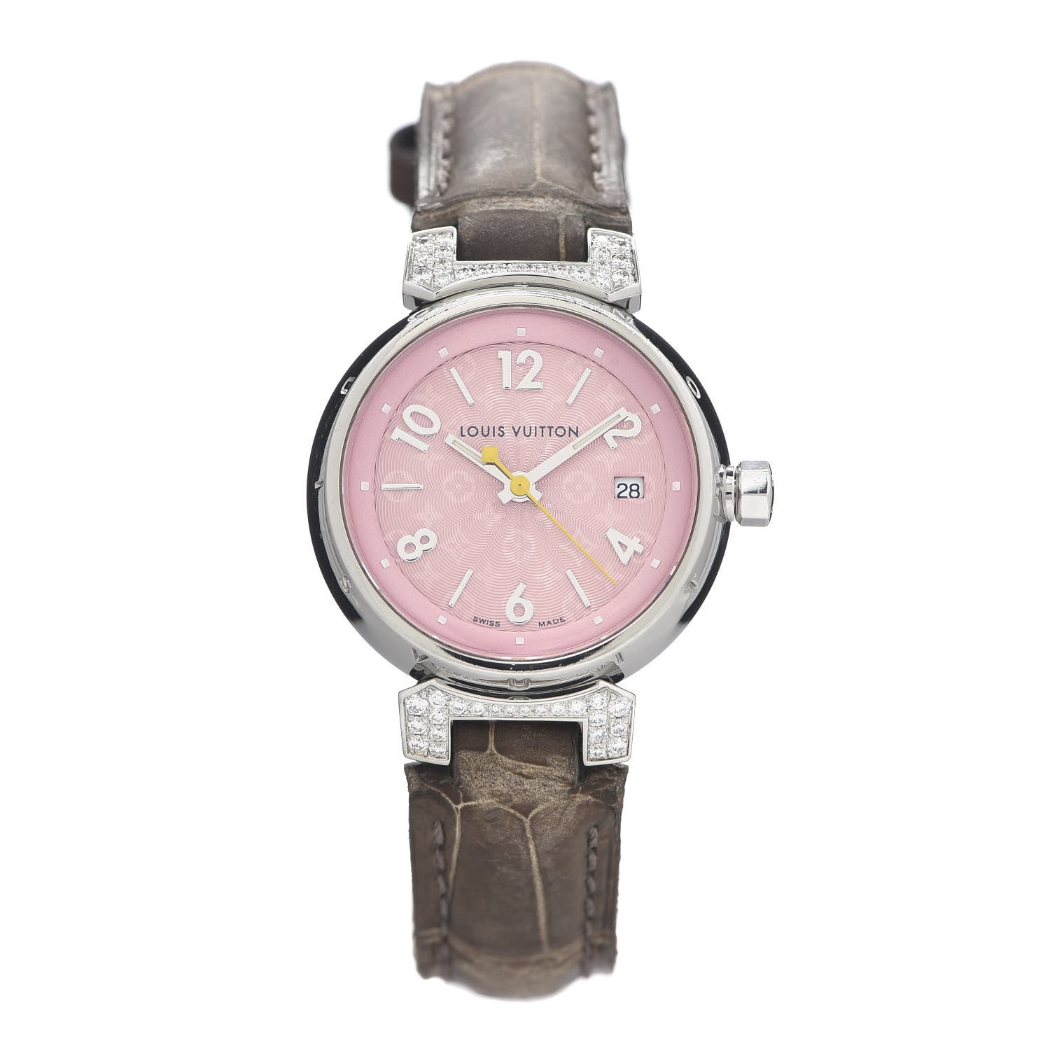 Louis Vuitton Stainless Steel Alligator Diamond 28mm Tambour Quartz Watch 1 of 5