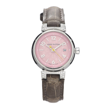Louis Vuitton Stainless Steel Alligator Diamond 28mm Tambour Quartz Watch 1 of 5