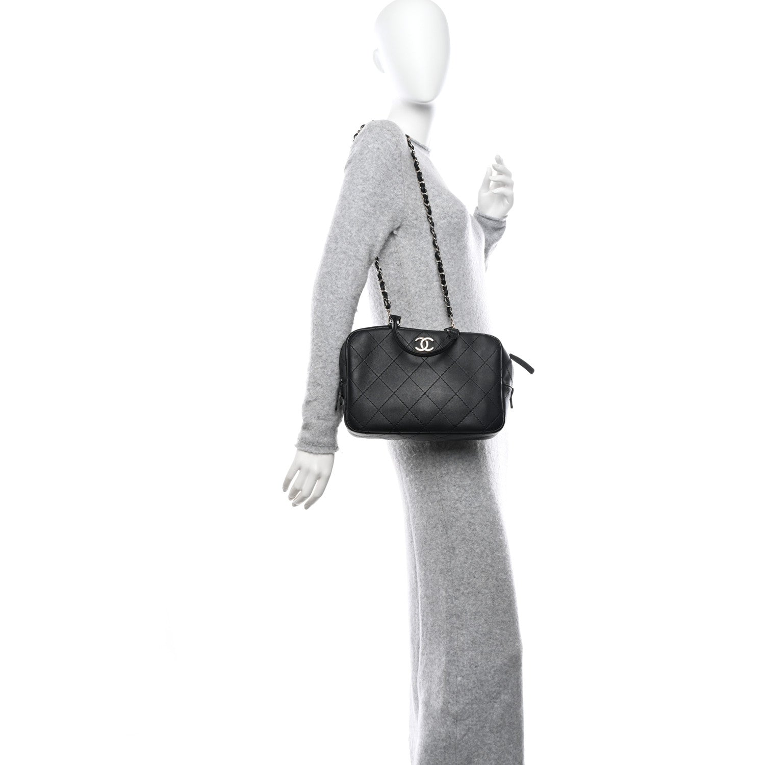 Chanel Calfskin Diamond Stitched Top Handle Bowling Bag Black 2 of 10