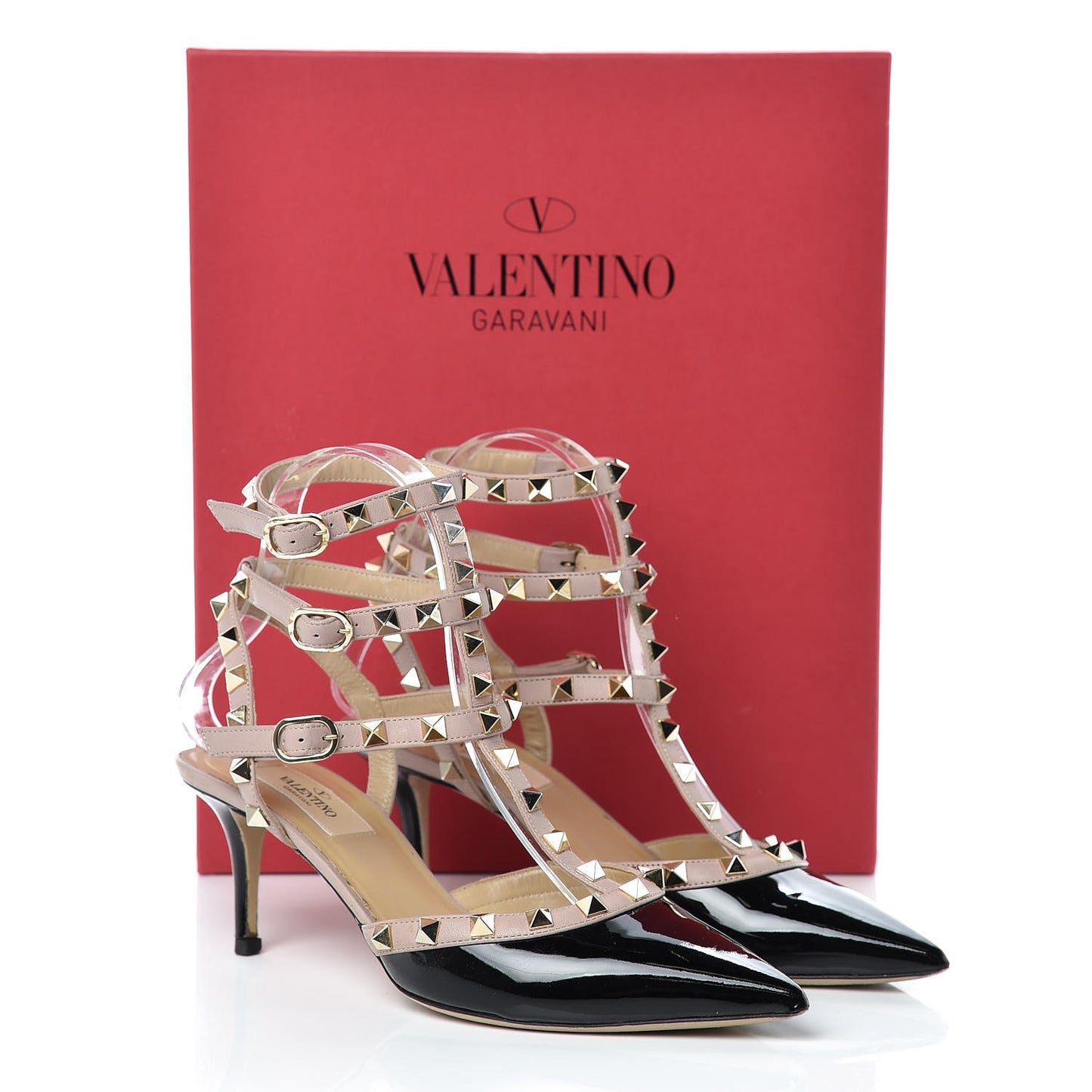 Patent Nappa Rockstud Ankle Strap 65mm Pumps 37.5 Black Poudre