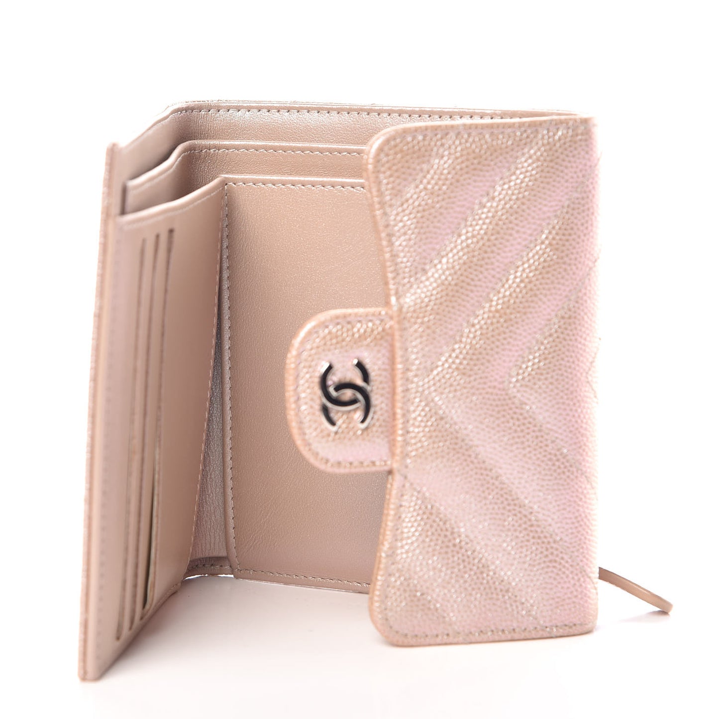 Metallic Caviar Chevron Quilted Compact Flap Wallet Light Gold