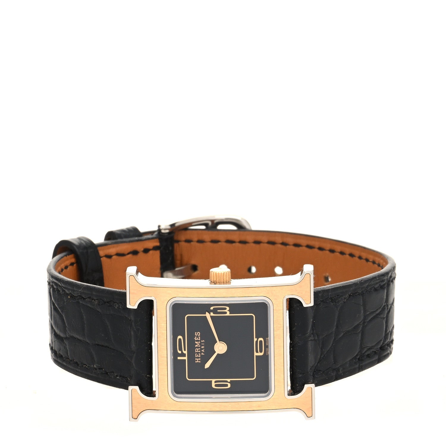 Hermes Stainless Steel Matte Alligator 21mm Heure H Hour Quartz Watch Noir 2 of 5