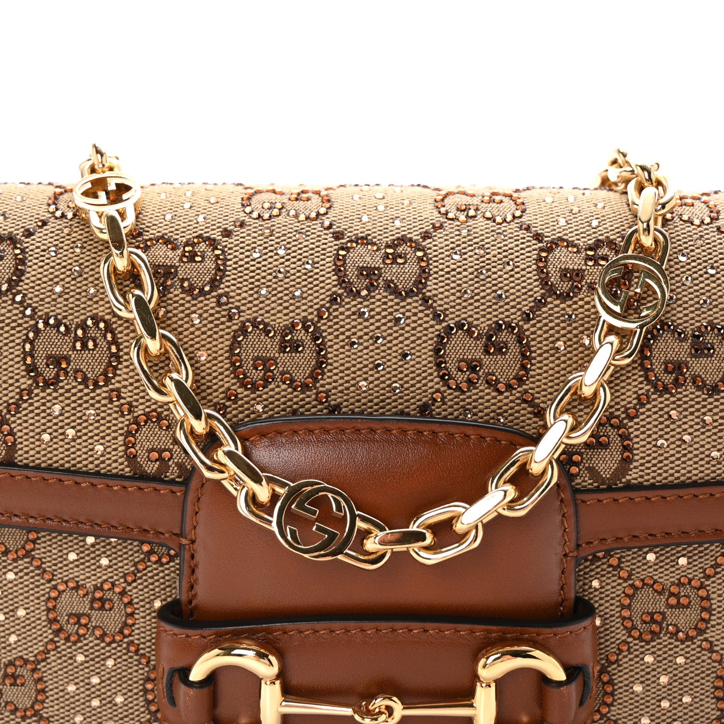 New Canvas Charisma Calfskin Crystal GG Monogram Mini Horsebit 1955 Shoulder Bag Camel Ebony