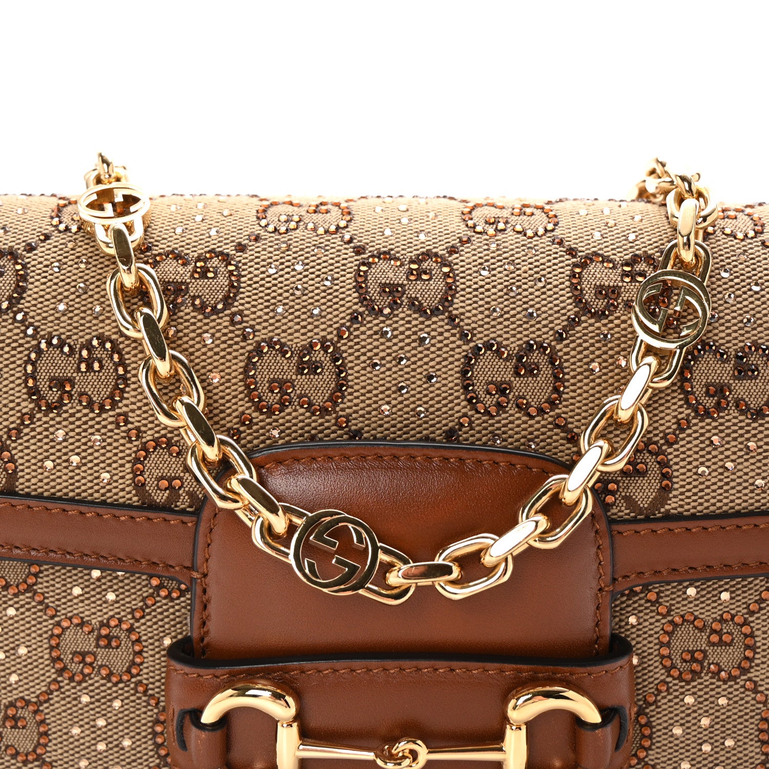 Gucci New Canvas Charisma Calfskin Crystal GG Monogram Mini Horsebit 1955 Shoulder Bag Camel Ebony 8 of 10