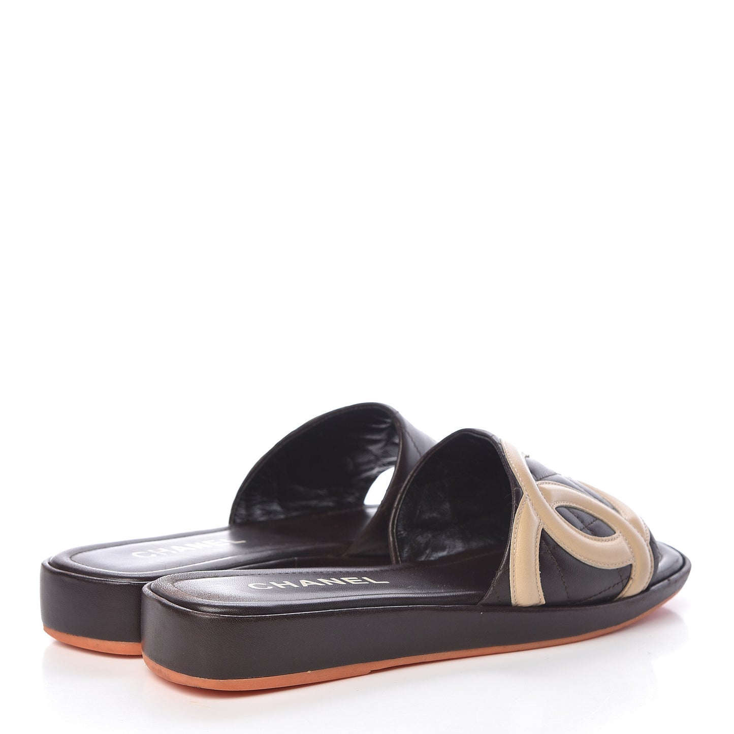 Calfskin Cambon CC Flat Slide Sandals 37 Dark Brown