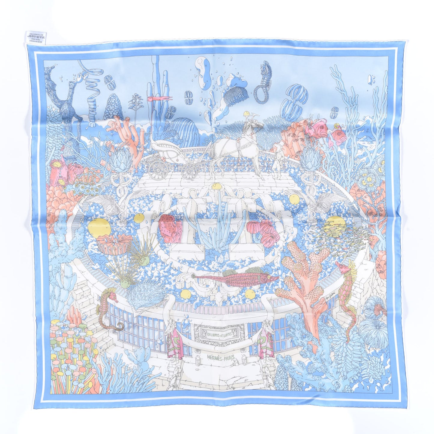 Vintage Silk Ex Libris Atlantis Scarf 70 Bleu Ciel Rose Jaune