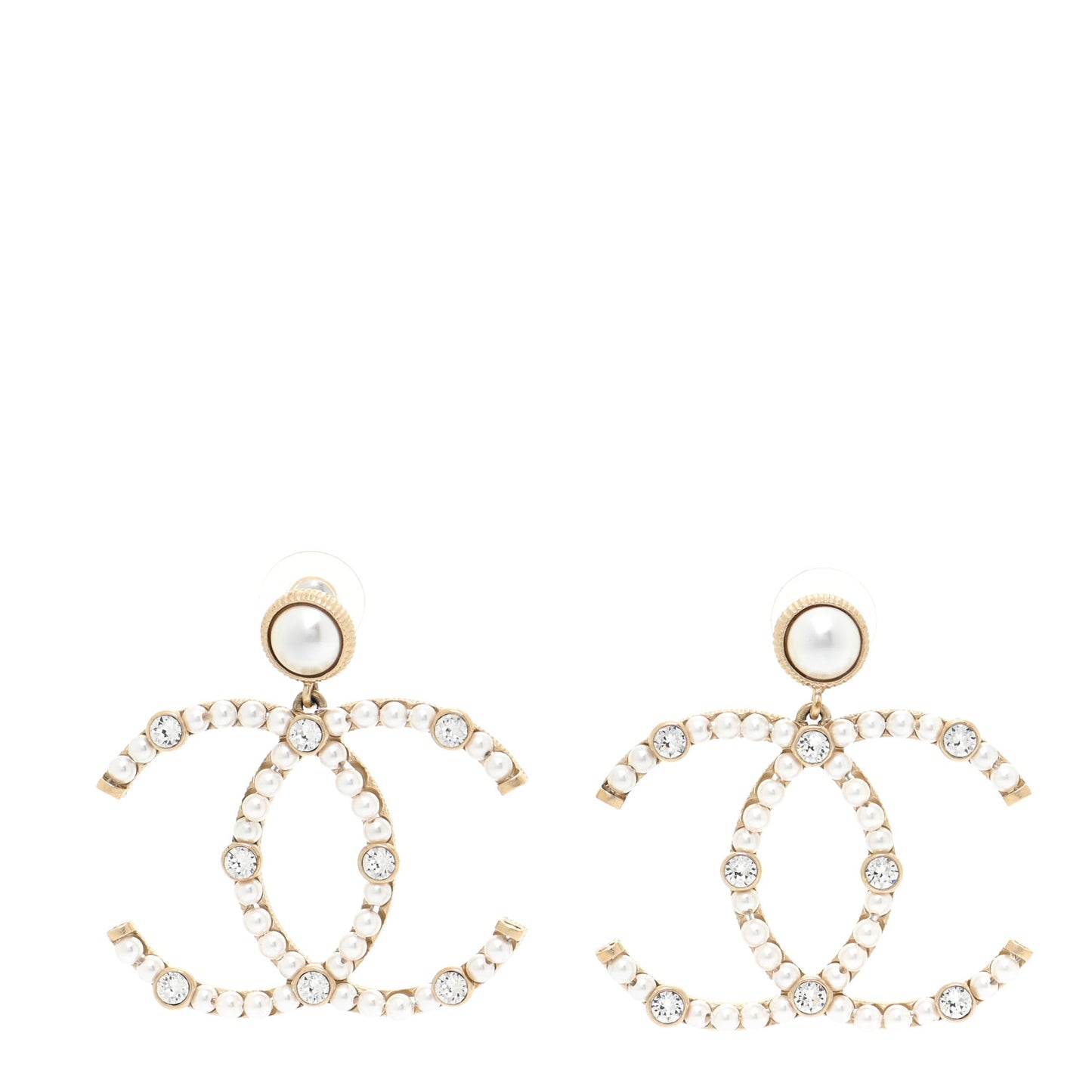 Metal Crystal Pearl CC Drop Earrings Gold