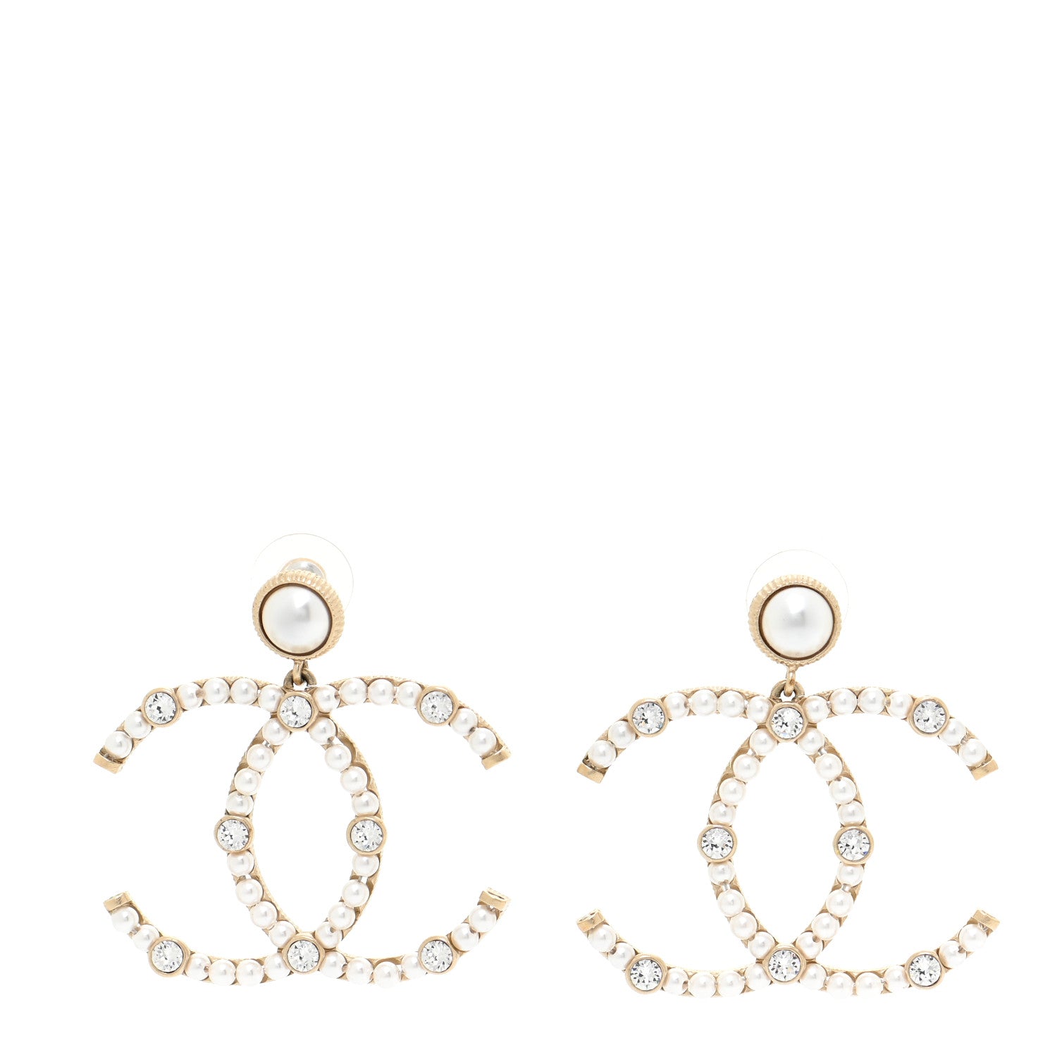 Chanel Metal Crystal Pearl CC Drop Earrings Gold 1 of 6