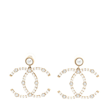 Chanel Metal Crystal Pearl CC Drop Earrings Gold 1 of 6