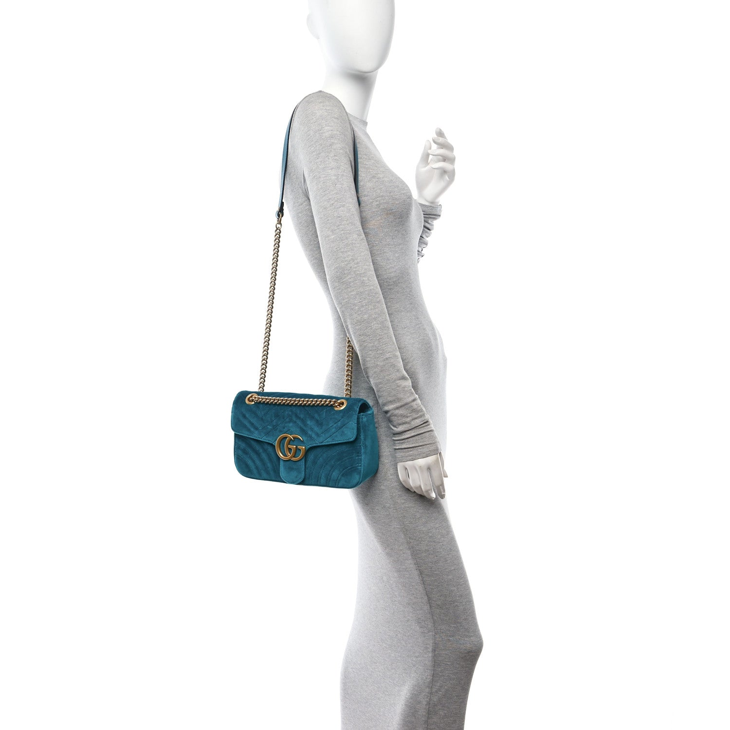 Gucci Velvet Matelasse Small GG Marmont Shoulder Bag Pavone Cyan 2 of 10