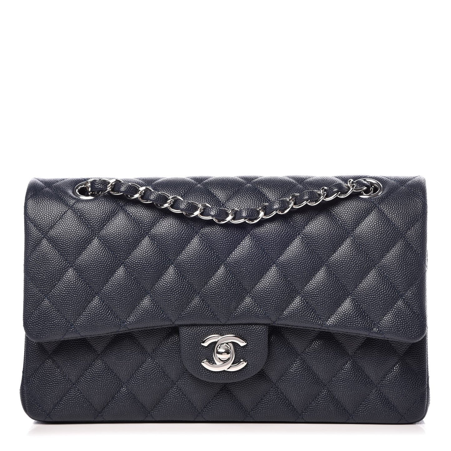 Caviar Quilted Medium Double Flap Dark Blue