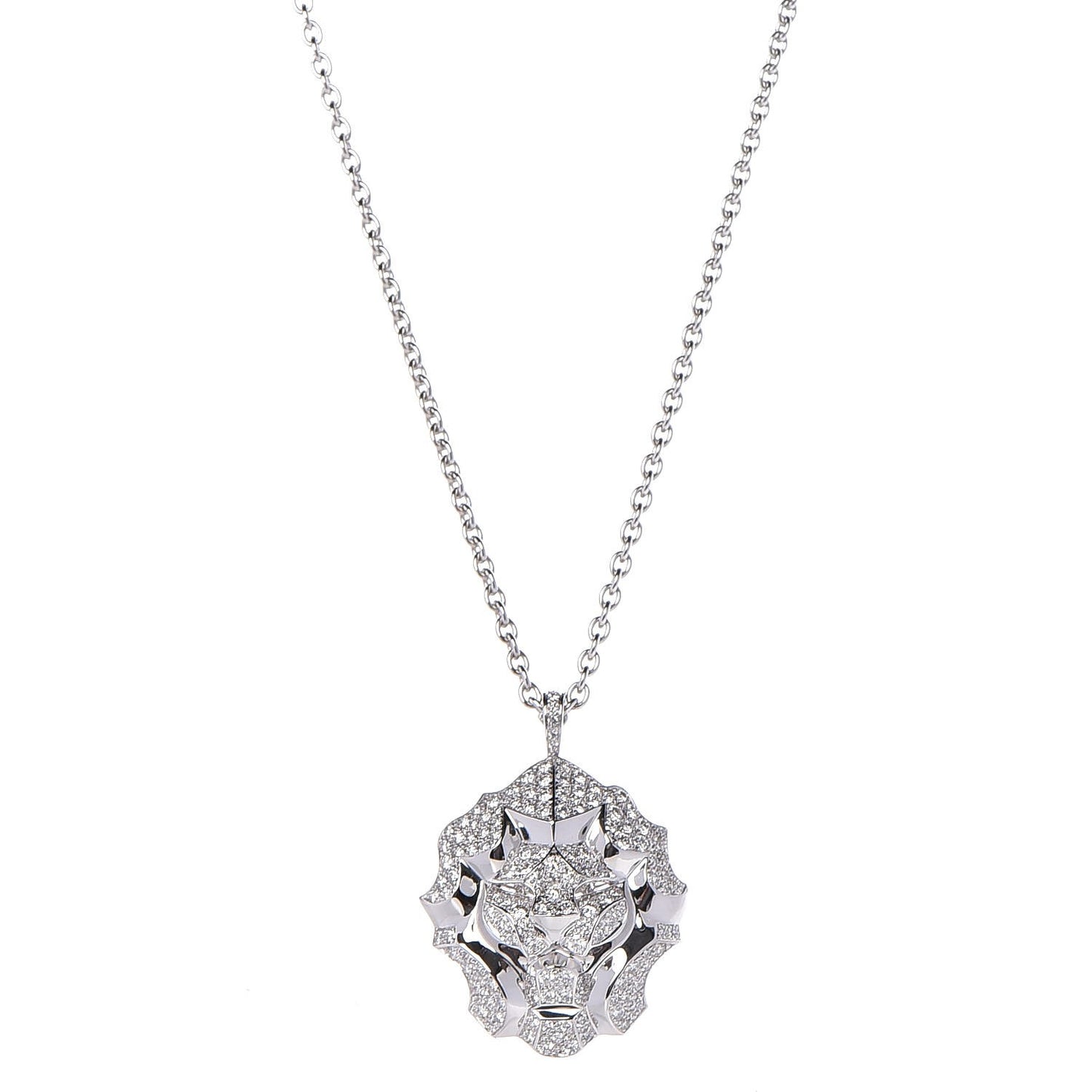 18K White Gold Diamond Sous Le Signe du Lion Pendant Necklace