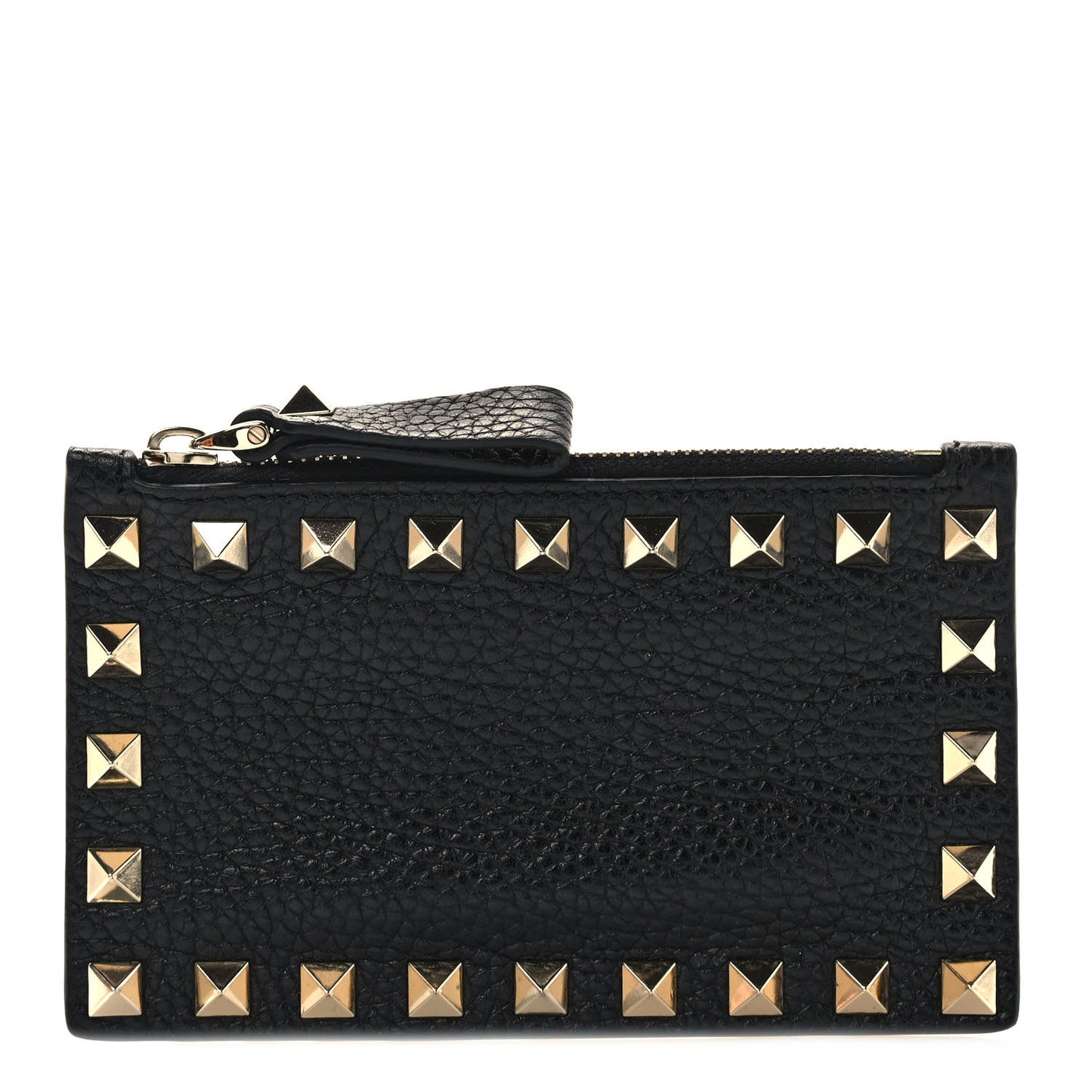 Pebbled Calfskin Rockstud Coin Case Card Holder Black