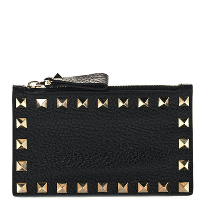 Valentino Garavani Pebbled Calfskin Rockstud Coin Case Card Holder Black 1 of 7