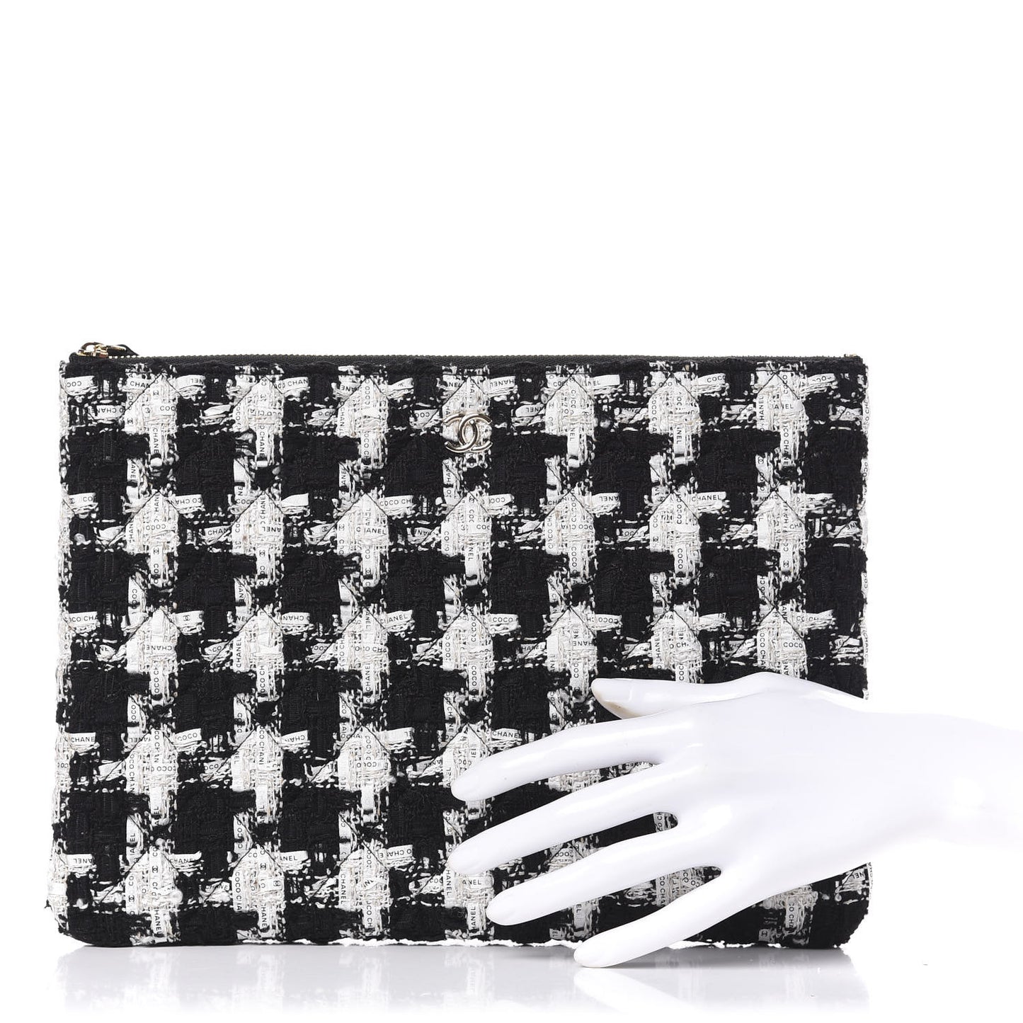 Tweed Quilted Medium Cosmetic Pouch Black Ecru White