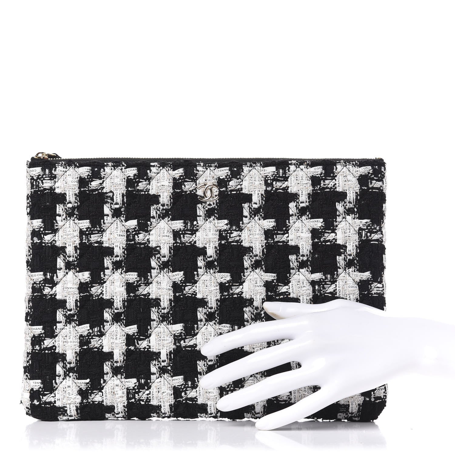 Chanel Tweed Quilted Medium Cosmetic Pouch Black Ecru White 2 of 8