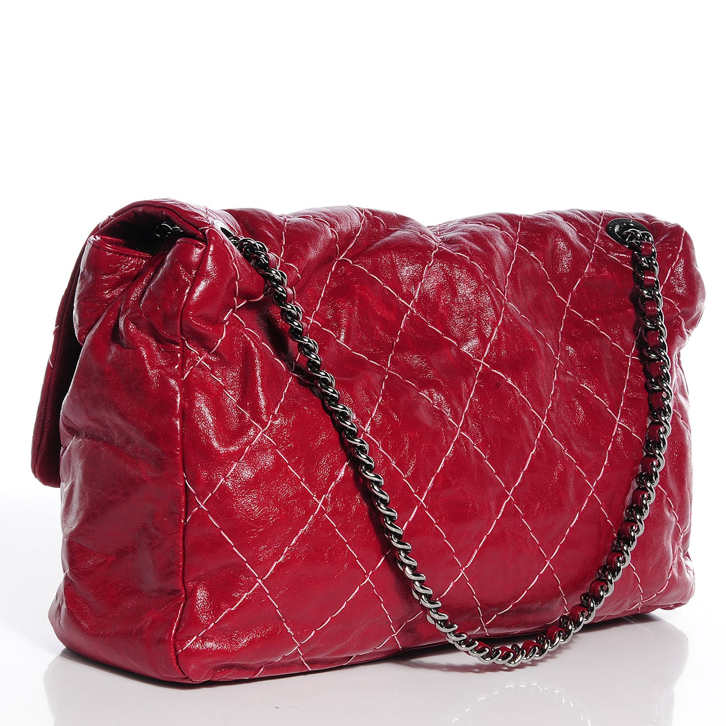 Glazed Goatskin Double Stitch Maxi Flap Red