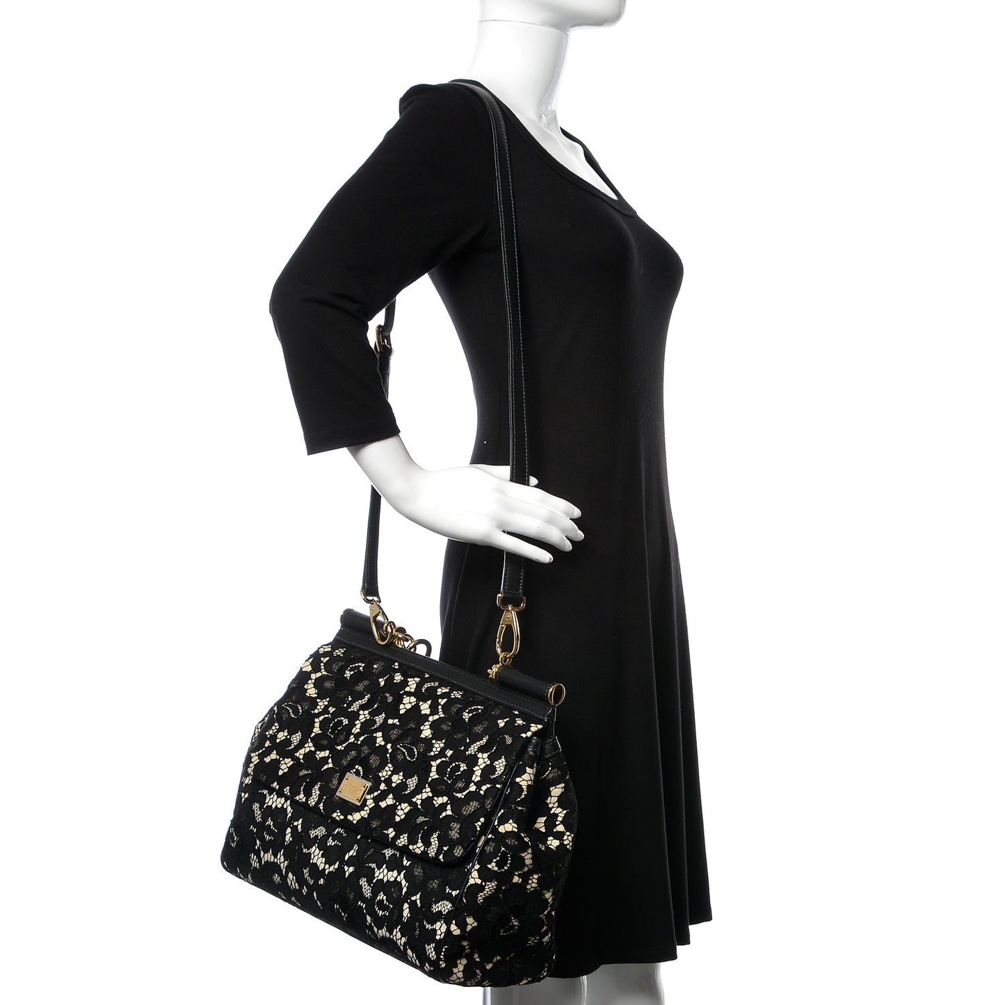Calfskin Lace Large Miss Sicily Satchel Black