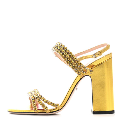 Gucci Nappa Silk Crystal Bertie High Heel Sandals 37.5 Gold 1 of 13