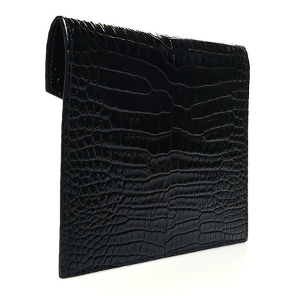 Saint Laurent Calfskin Crocodile Embossed Monogram Uptown Baby Pouch Black 3 of 7