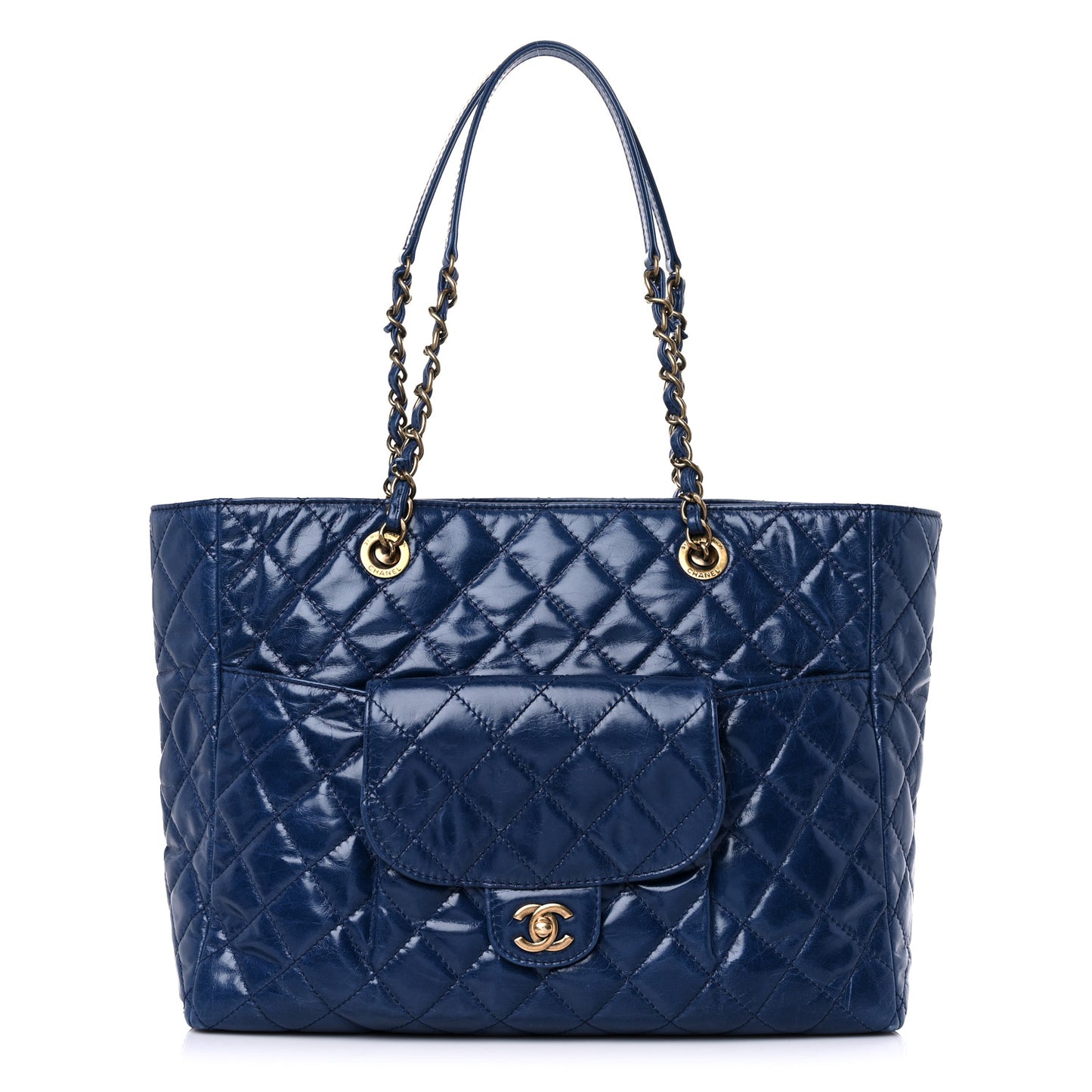 Glazed Calfskin Quilted Large Front Pocket Tote Blue