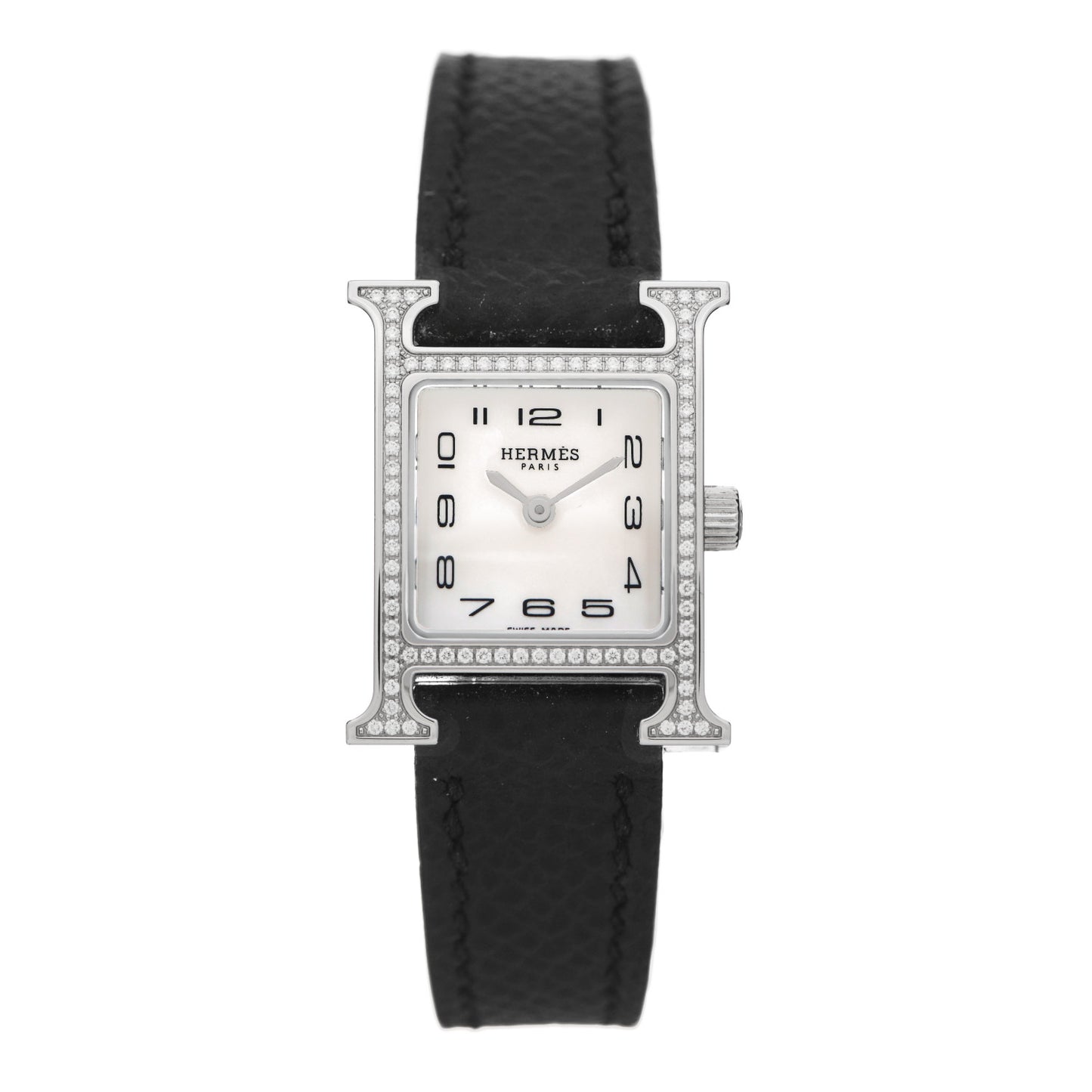 Stainless Steel Epsom Diamond Bezel Mother of Pearl 17.2mm Heure H Hour Quartz Watch Noir